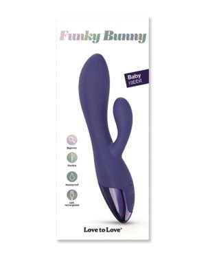 Alt text: Advertisement featuring the 'Funky Bunny' adult toy with a sleek design, highlighting features such as being beginner-friendly, flexible, waterproof, and USB rechargeable. The product name and the slogan 'Love to Love' are also displayed.