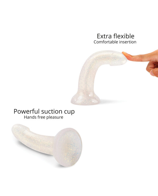 A translucent, flexible dildo featuring a powerful suction cup for hands-free use, designed for comfortable insertion.