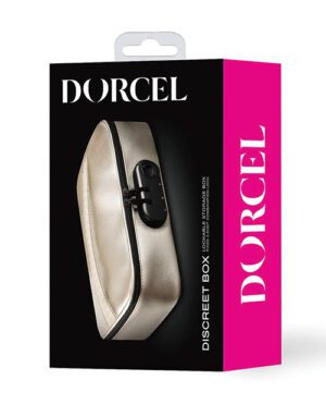Packaging for a "Dorcel Discreet Box" with a metallic pouch and branding displayed on a black background with pink side panels.