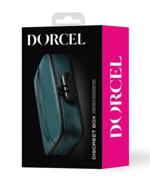 A product packaging for "DORCEL DISCREET BOX" with a turquoise box and a combination lock on a black background, highlighted by pink accents on the packaging.