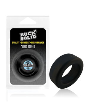 Rock Solid Big O Ring::Durable black silicone ring in packaging designed for comfort and performance, labeled "Expand Sila-Flex to Fit"