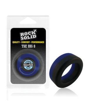 A black and blue flexible silicone ring packaged for quality and comfort, labeled "The Big O" by Rock Solid.