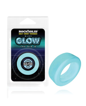 A glowing blue silicone ring displayed with its packaging, highlighting comfort and flexibility features.