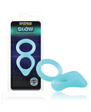 A blue silicone dual enhancer product displayed in front of a futuristic packaging design, emphasizing its unique shape and glow feature.