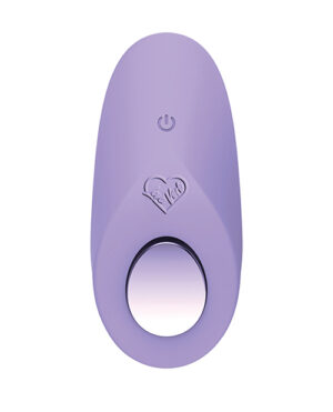 A purple handheld device with an oval shape, central circular opening, and a power button at the top, featuring a heart logo and the text "We-Vibe" below the button.