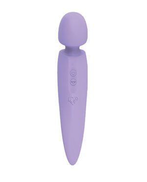 A purple handheld personal massager with button controls on the handle.