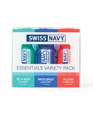 A Swiss Navy Essentials Variety Pack with three bottles labeled Toy & Body Cleaner, Water Based Lubricant, and Silicone Lubricant.