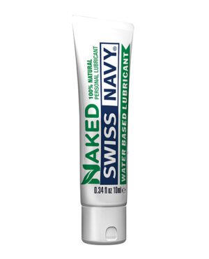 A tube of Naked Swiss Navy personal lubricant, highlighting its 100% natural water-based formula.