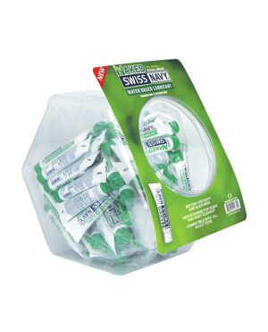 A pack of Swiss Navy water-based lubricant sachets in a clear, blister packaging with a green label.