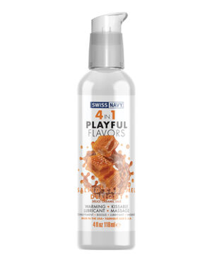 A 4-ounce bottle of Swiss Navy's playful flavored lubricant in salted caramel, designed for warming, kissing, and massage.