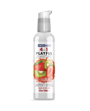 A bottle of Swiss Navy's 4-in-1 Playful Flavors lubricant in strawberry-kiwi scent, featuring a pump top and vibrant fruit imagery, highlighting its warming and kissable qualities.