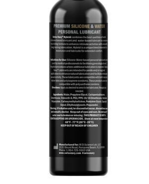 Alt text: A black bottle of "PREMIUM SILICONE & WATER PERSONAL LUBRICANT" by Swiss Navy with product information, instructions, ingredients, manufacturer details, and storage instructions printed on the label.