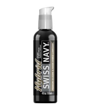 Bottle of Swiss Navy Premium Silicone & Water-Based Hybrid Lubricant with a pump dispenser, 4 fl oz (118 ml).