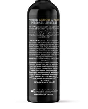 A bottle of premium silicone and water personal lubricant with text detailing the product's purpose, instructions for use, ingredients, warnings, storage instructions, and manufacturer contact information.