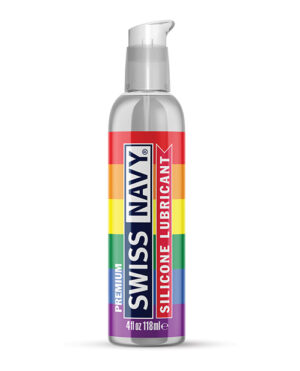 A bottle of Swiss Navy premium silicone lubricant with a rainbow-colored label, featuring a pump dispenser.