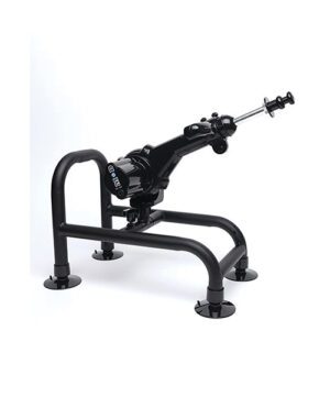 A black stationary bicycle trainer with adjustable resistance, mounted on a black frame with four rubber-tipped legs, on a white background.