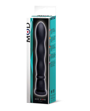 A product image of a massage wand by MOD in its packaging, which includes product details and branding.