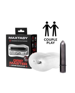 Product image showcasing a MAXTASY Grip Master 2-in-1 device for couples play, including a black package with a see-through window, displaying the product and its features, along with a symbol indicating the product is for couple use.