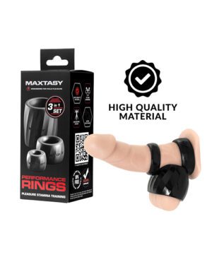 Alt text: A product image featuring a box labeled "MAXTASY Performance Rings" with a "3 in 1 set" description, alongside a silicone ring with a checkmark icon and text "HIGH QUALITY MATERIAL."