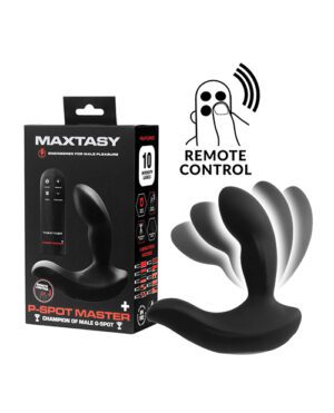 Product packaging for "MAXTASY P-Spot Master" with a remote control symbol, alongside the product itself which is a curved black device.