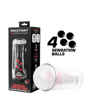 A product image featuring the MAXTASY SHOW MASTER set, which includes four sensation balls and comes in packaging with the product visible in a transparent cylinder. There's also an image of the detached sensation ball lying beside the packaging. The text highlights features such as 10 pleasure stamina training levels and a 4-stage training system.