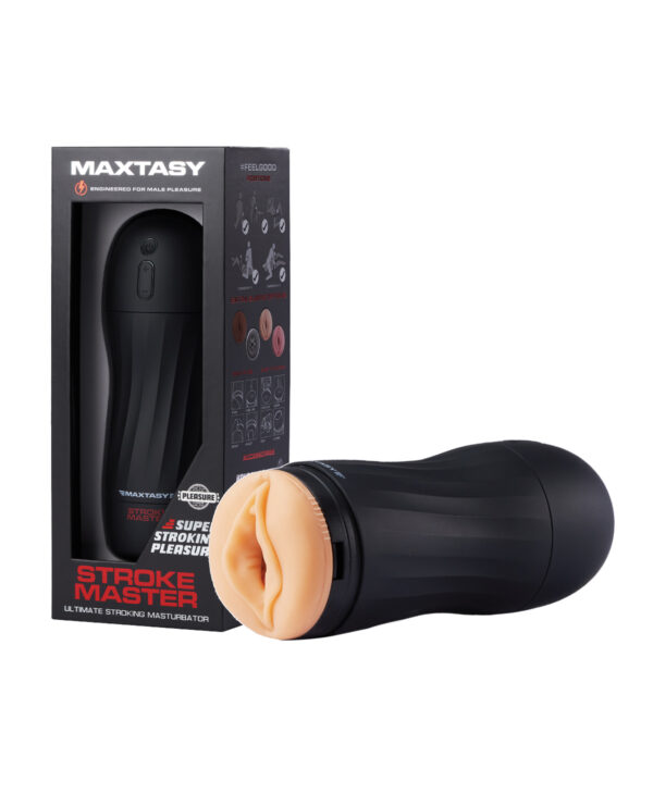 A black strokable male masturbation device with a realistic opening, displayed alongside its packaging featuring product details and pleasure positions.