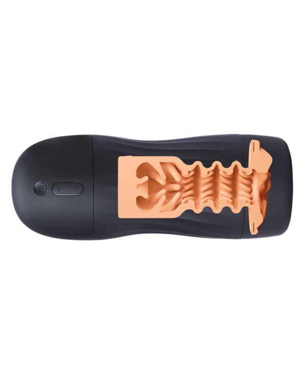 A sleek black and orange male stimulation device showcasing intricate internal textures for enhanced sensation.