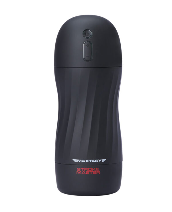 A sleek, black automatic male stimulation device with textured surface and control buttons, featuring the brand name "MAXTASY" and model "STROKE MASTER."