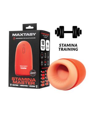 Product packaging for "MAXTASY Stamina Master" with features listed as heating, vibrating, and edging, alongside an image of the device, which is a male pleasure toy, with a barbell icon and the words "STAMINA TRAINING".