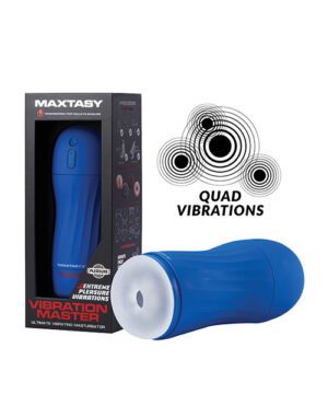 Alt text: An image featuring a blue adult toy branded "MAXTASY" alongside its packaging box that highlights its "Extreme Pleasure" and "Quad Vibrations". The packaging also indicates that it is the "Vibration Master" model with a visual representation of the vibration patterns above the product.