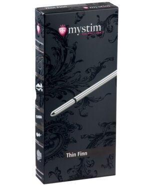 A black packaging box for the Mystim "Thin Finn" product featuring ornate patterns and a silver device image.