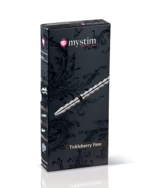 A black product box for "mystim Tickleberry Finn" with decorative elements and an image of a metal rod on the front.