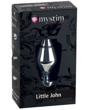 A product box for "mystim Little John" with a sleek black design featuring an image of the metallic product on the front.