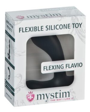 A product box for "Mystim Flexible Silicone Toy" named "Flexing Flavio," displayed in a clear window packaging.