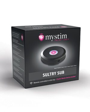 A product packaging box for "mystim Sultry Sub," which is a remote-controlled e-stim toy. The box is predominantly black with the mystim logo at the top and an image of the product on the front, along with the text "THE WAY I LIKE IT." Additional text indicates that a "Cluster Buster device is needed" for the product to function.