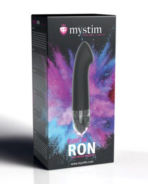 The image shows a product box for "mystim – RIGHT ON RON", which is an adult pleasure device. The box features a colorful nebula-like background with the product displayed prominently in the center. The Mystim brand logo is visible at the top, with the tagline "THE WAY I LIKE IT" and the web address www.mystim.com at the bottom.