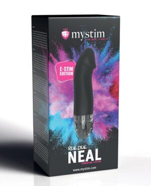 Packaging box for "Real Deal Neal" product by Mystim, featuring an E-Stim Edition vibrator against a cosmic-style colorful background.