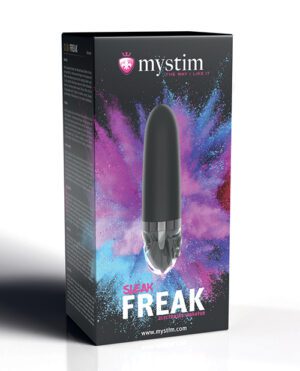 Product packaging for "Mystim SLEAK FREAK" with a cosmic background design, featuring an image of a black personal vibrator.