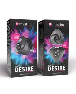 Two mystim branded product boxes for "HEARTS DESIRE" E-STIM EDITION, featuring heart-shaped designs against a cosmic, colorful nebula background. Each box displays a different view of the heart-shaped product.