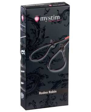 Packaging for the mystim Rodeo Robin, an electrostimulation device, featuring a stylish black design with ornate patterns and the brand logo.