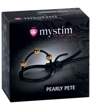 A product box with the brand "mystim" and the text "THE WAY I LIKE IT" alongside the product name "PEARLY PETE" displayed on the front. The box is black with decorative patterns and features an image of a black cord with three metal beads attached.
