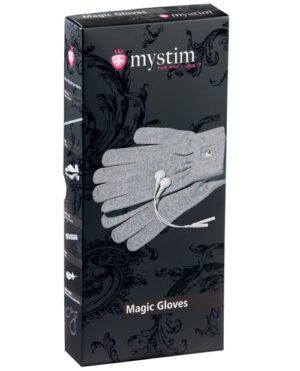 Product packaging for "Mystim Magic Gloves" with a dark background featuring ornate black patterns, the brand logo at the top, and a central image of a pair of grey gloves with white cables.