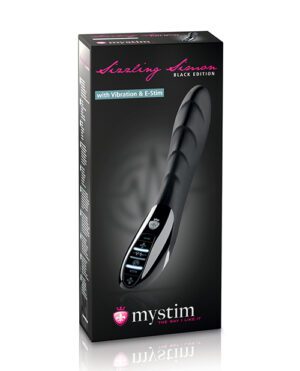 A product packaging box for a "Tickling Truman Black Edition" by Mystim, highlighting features like vibration and E-Stim, with an image of a sleek black wand massager.