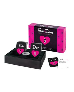 A "Truth or Dare" card game box set for couples, featuring a deck of cards with "Truth" and "Dare" prompts in a black tray, alongside its packaging box with a pink and black color scheme.