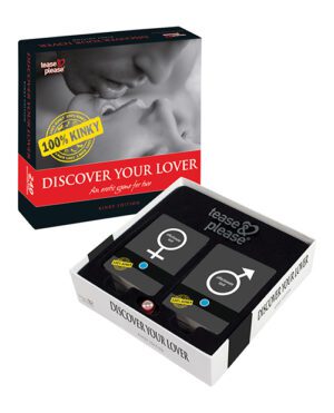 An image showing two boxes of an adult game named "DISCOVER YOUR LOVER", kinky edition. The top box has a monochromatic picture of a couple kissing and the label "100% KINKY". The bottom box is open, revealing game contents with black and white design, symbols suggestive of gender, and the text "tease & please".
