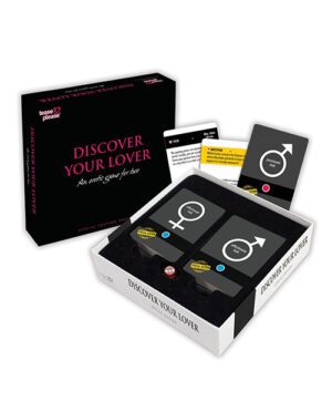 A board game named "DISCOVER YOUR LOVER" displayed with its box open showing game cards and components, along with the closed box in the background. The boxes and cards have a black and white design with gender symbols and text.