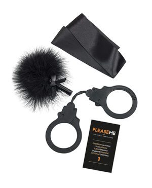 A set of items including a pair of black handcuffs, a black blindfold, a black feather tickler, and a card with the word "PLEASEME" on a white background.