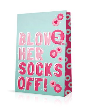 A colorful greeting card with the phrase "BLOW HER SOCKS OFF!" in bold pink letters against a pastel blue background, decorated with pink bubbles and hearts. The side of the card has a pink design with white hearts.