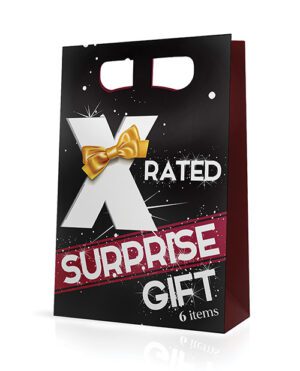 A glossy shopping bag with the text "X RATED SURPRISE GIFT" and a graphic of a ribbon-tied letter "X" on a background with sparkles. The bag indicates it contains 6 items.