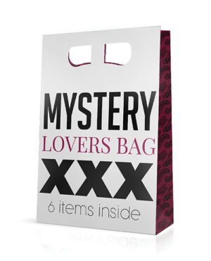 A white shopping bag with the text "MYSTERY LOVERS BAG XXX" and "6 items inside" printed on it, with a decorative pattern on the right side.